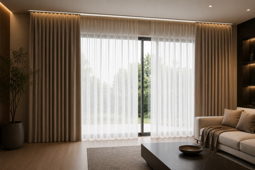 Seamless automatic motorized curtains smoothly opening in an elegant luxury apartment setting.