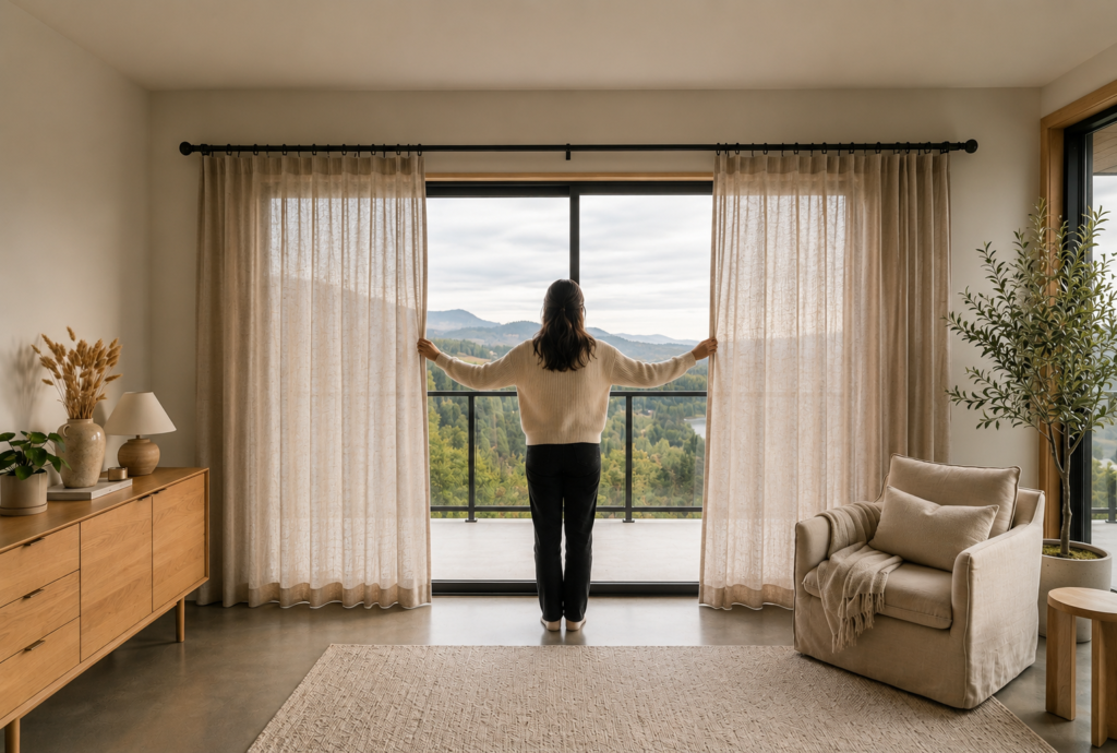 Person symmetrically opening traditional linen drapes by hand in a modern minimal home.