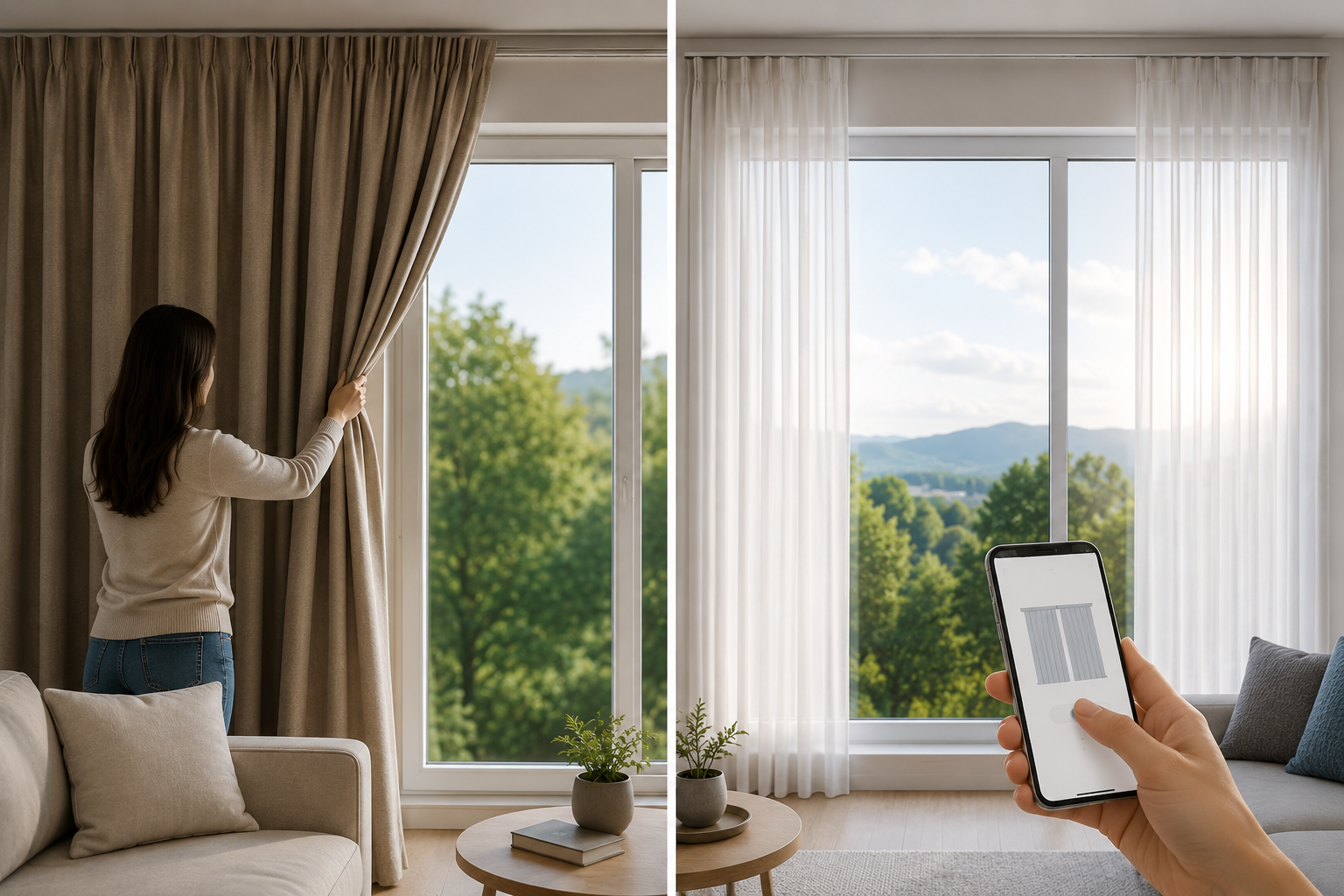 Comparison of manual vs motorized curtains showing a person opening fabric drapes by hand and operating smart curtains with a remote.