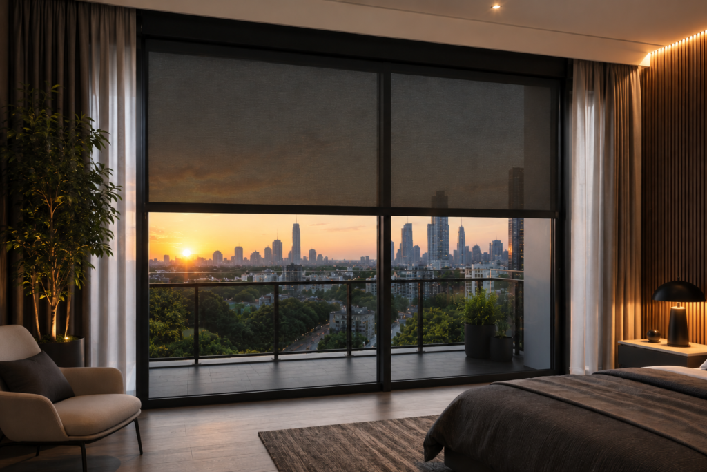 Motorized ZIP Blinds for Balcony in India Installed in a Modern Home