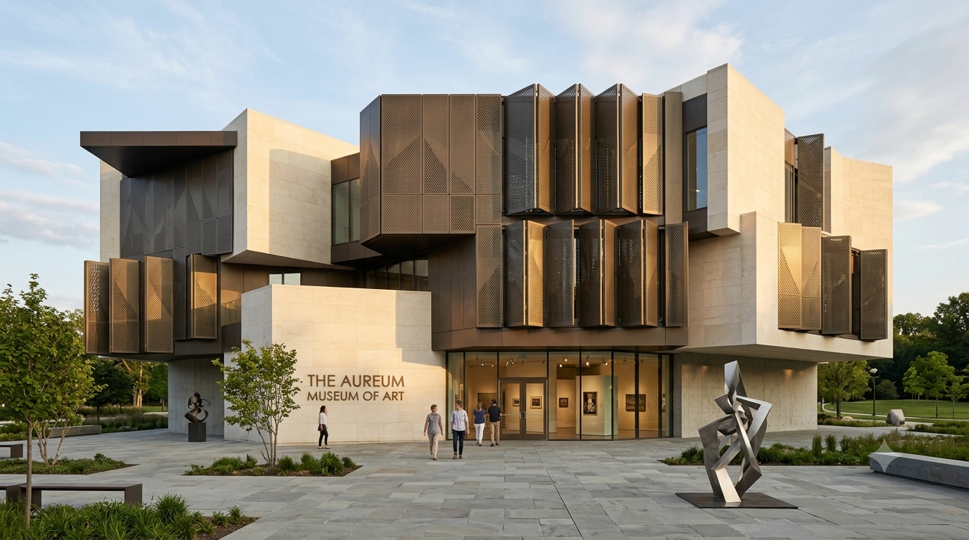 Modern museum building facade featuring geometric architecture and automated bronze folding panels.