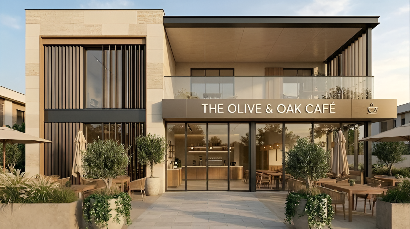 Contemporary cafe facade with vertical architectural louvers, glass windows, and a modern outdoor seating area.