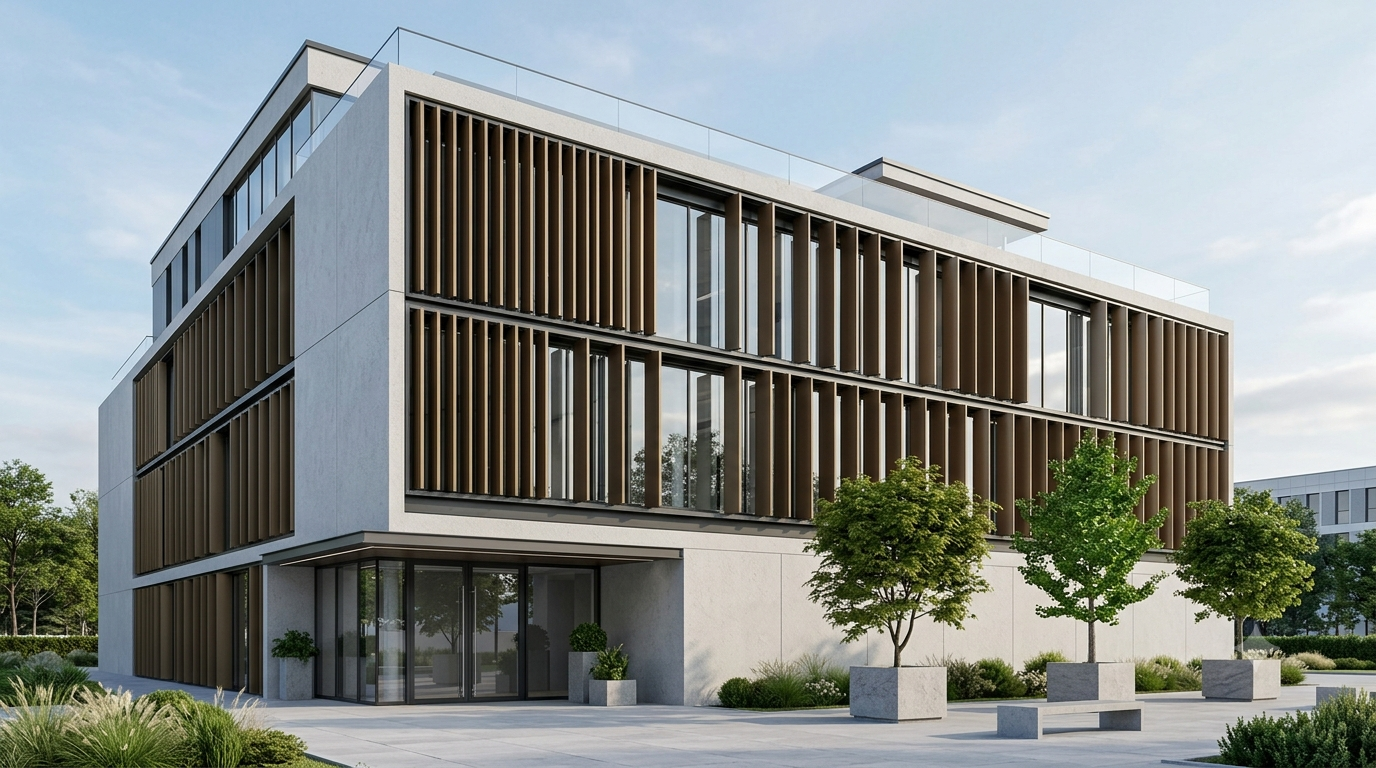 Modern commercial building facade with vertical sun-shading louvers, large glass windows, and minimalist architecture.
