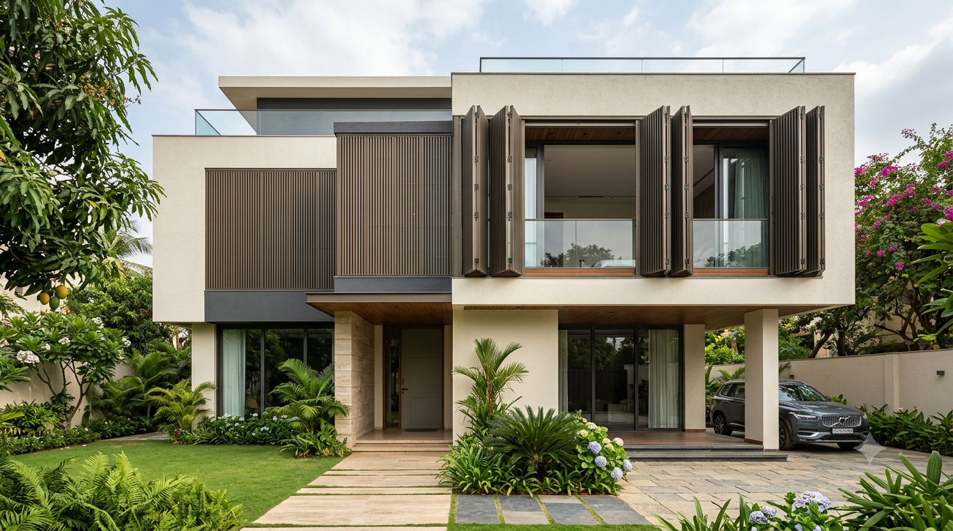 Modern building facade featuring automated foldable panels, large glass windows, and contemporary residential architecture.