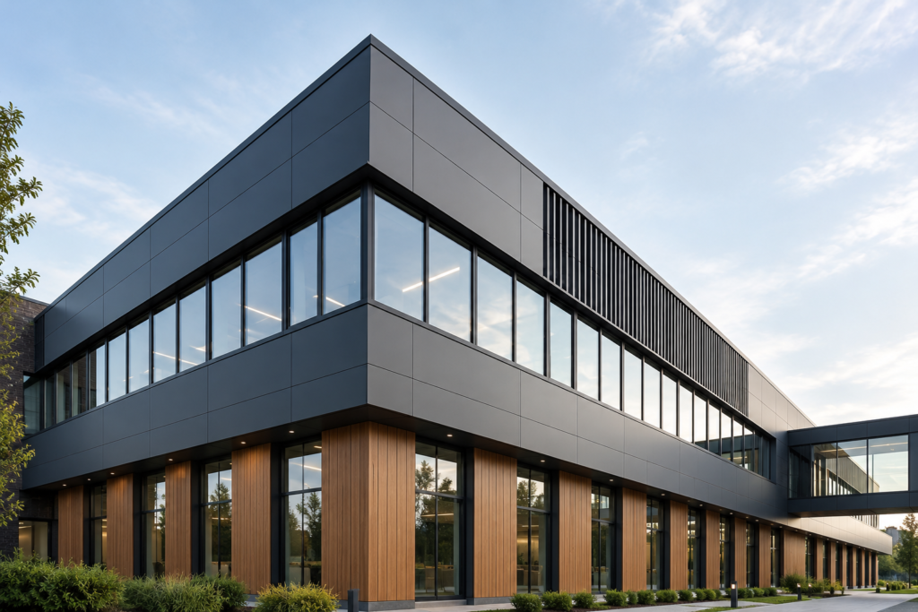 Modern building facade with charcoal panels, glass windows, and vertical architectural louvers.