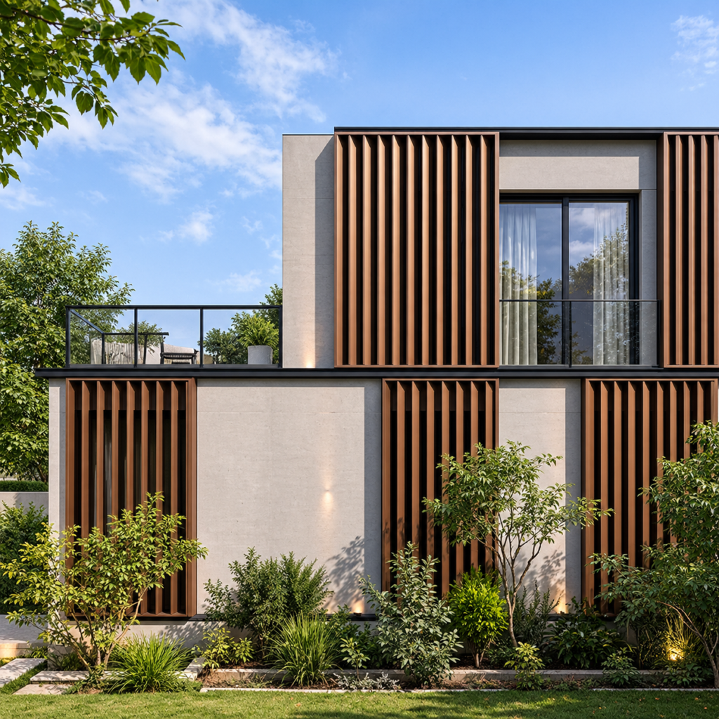 Modern residential building facade design featuring vertical wooden louvers, light grey exterior walls, glass windows, and contemporary architectural detailing.