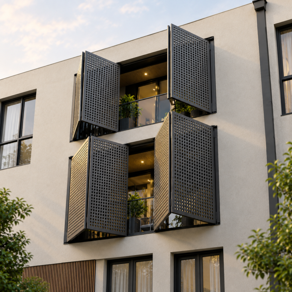 Modern building facade design featuring partially open foldable perforated metal panels on a contemporary residential building.